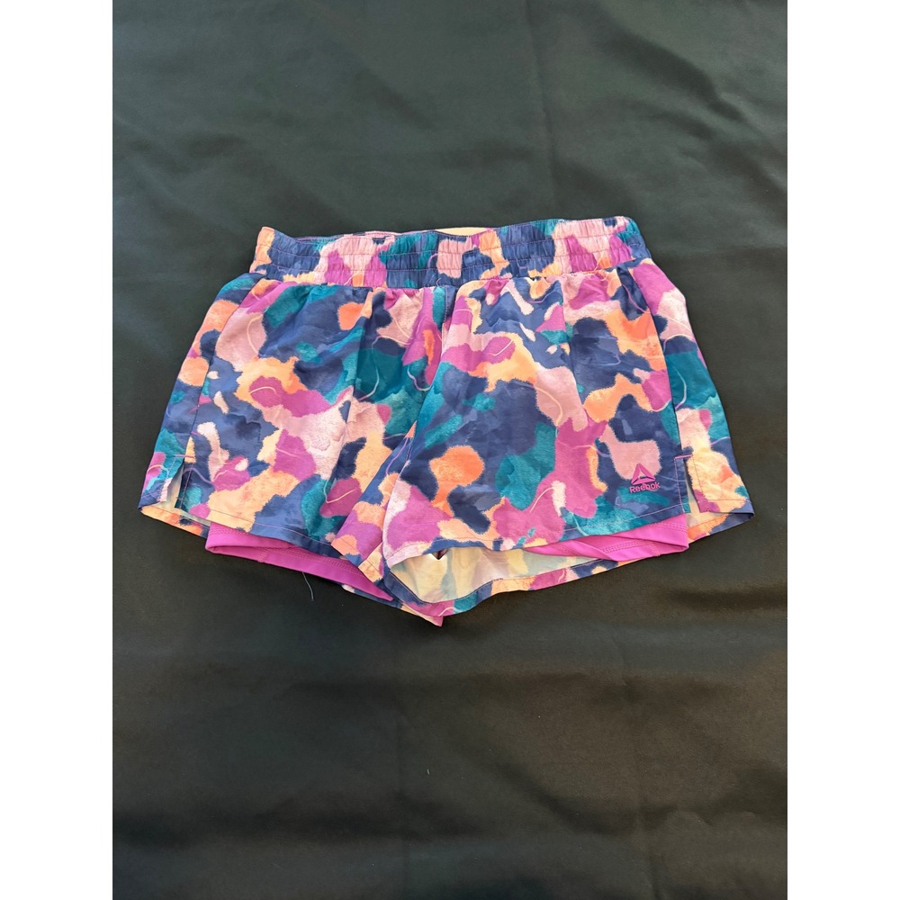 Reebok Womens 2-in-1 Running Shorts Abstract Watercolor Print Purple Blue Large